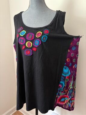 Black Sleeveless Boho Tank with Colorful Funky Applique and Printed Side Panels